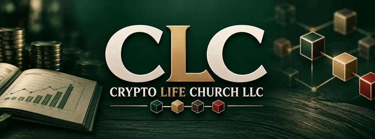 Crypto Life Church LLC banner: the CLC emblem with stacked coins, an open financial ledger, and linked blockchain blocks